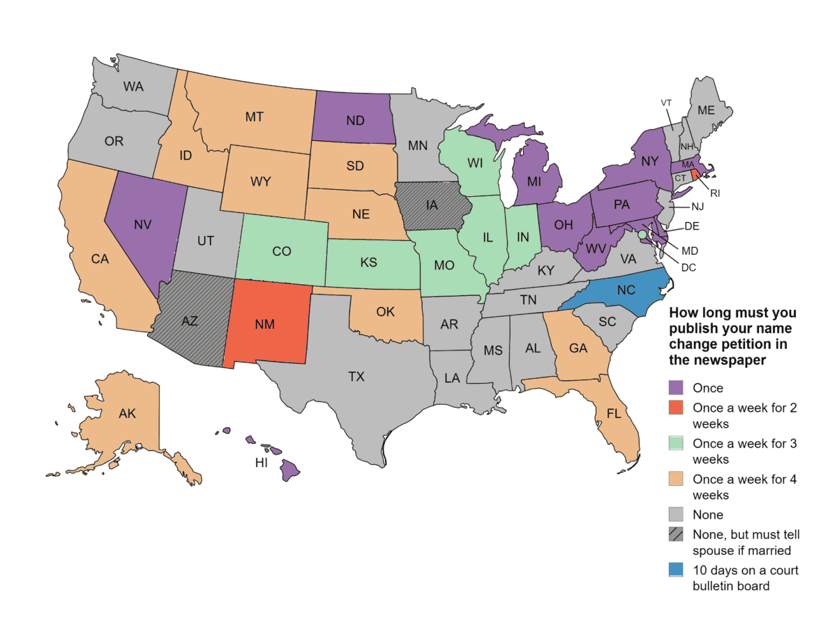 Map of the United States showing how long you must publish your name change petition in the newspaper