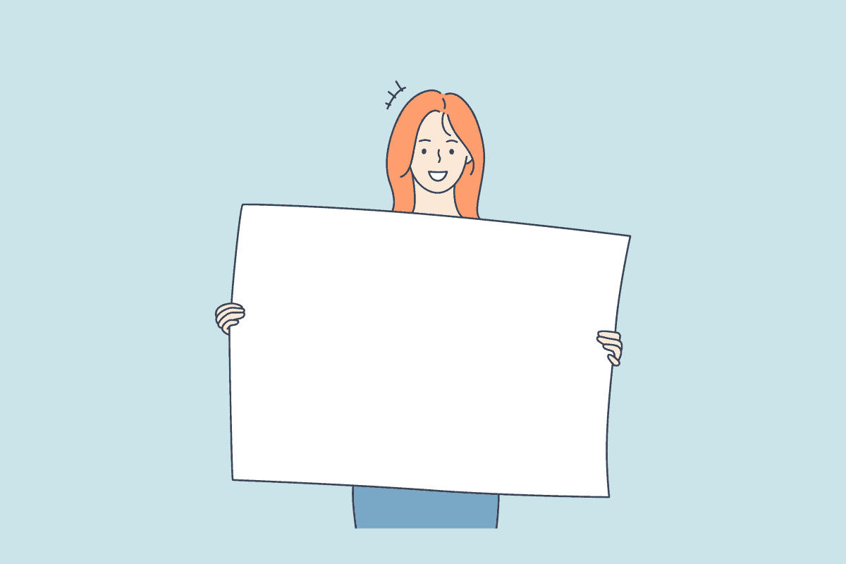 Woman holding blank canvas representing her name change publication advert